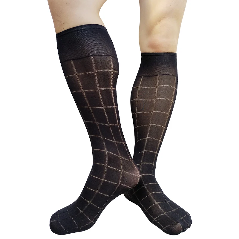 See Through Mens Dress Suit Socks Black Sheer Plaid Knee High Long Tube Sexy Stocking For Male Formal Socks Business Gifts