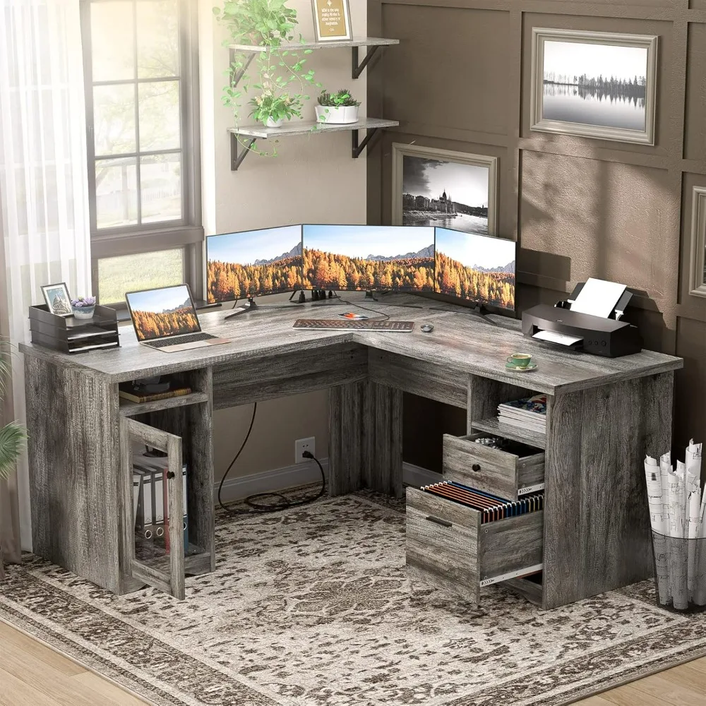 

Computer Desks with Drawers, L Shaped Desk , Home Office Table with File Cabinet USB Charging Port and Power Outlet, Black Oak