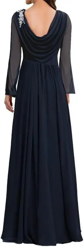 Kleider für die Mutter des Bräutigams mit Spitzenapplikationen, lange Ärmel, Chiffon, Rüschen, formelles Abendkleid