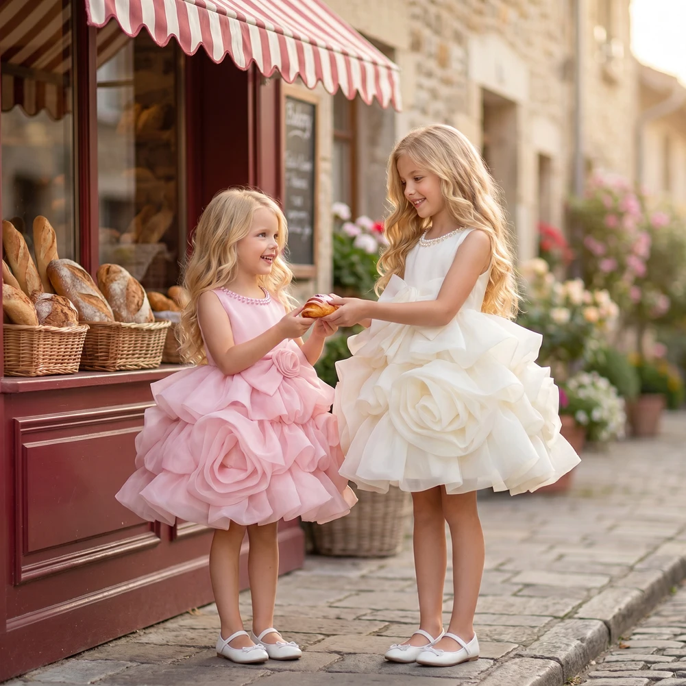 Girls Pearl Ruffle Flower Formal Dress 3D Rose Princess Gown for Wedding Flower Girl Birthday Party Photoshoot Stage Show 1-10Y