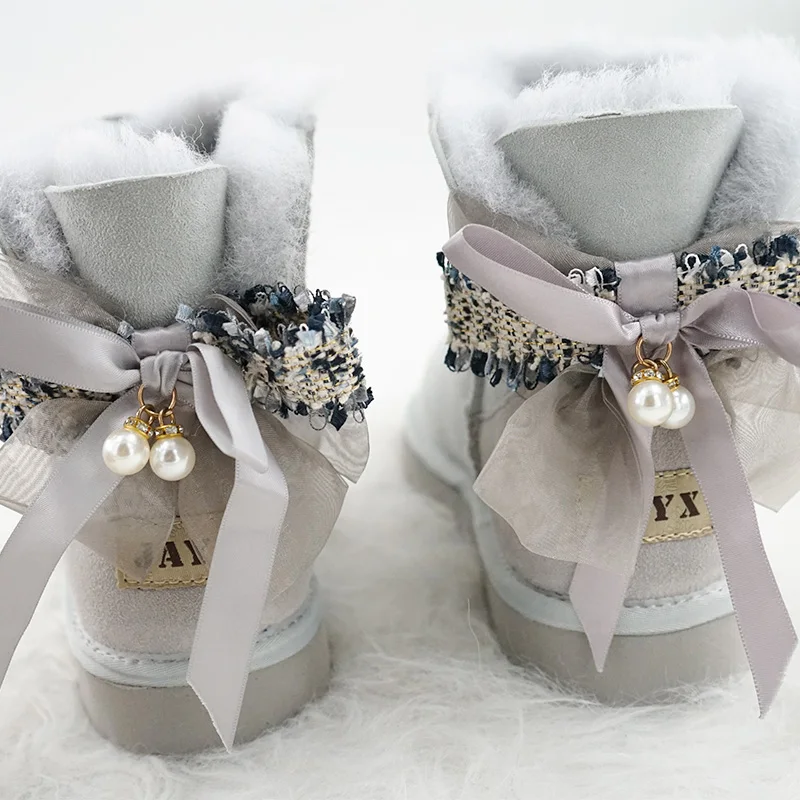 High Quality Women's Boots Sweet Bow Snow Boots Real Sheepskin Leather Natural Fur Winter Boots Women's Warm Ankle Shoes