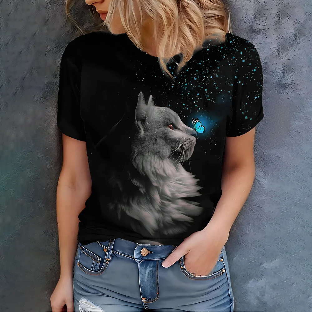 

Beautiful and romantic gray cat gazing blue butterfly paired with starry print daily casual women's short sleeved T-shirt