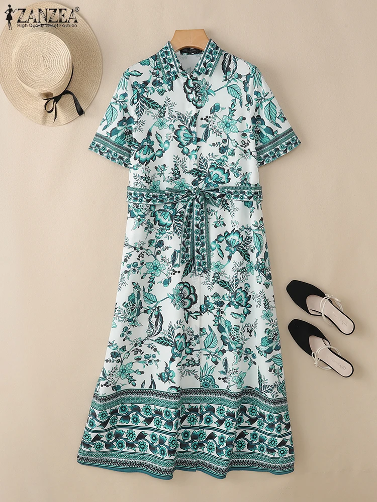ZANZEA Women Fashion Floral Printing Maxi Dresses Elegant Tie Waist Short Sleeve Collared Shirt Dress Summer Casual Vestidos
