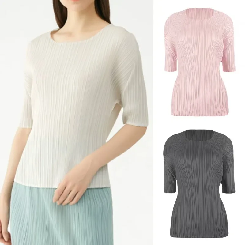 

Miyake Summer New T-shirt 2025 Korean Version of The Simple Basic Models Solid Pleats T-shirt Slim Thin Bottoming Shirt Tops