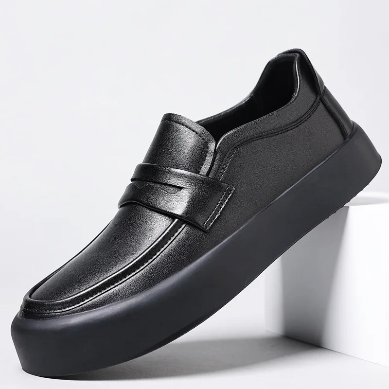 

men casual business office dress platform shoes slip-on genuine leather shoe autumn winter loafers black stylish footwear zapato