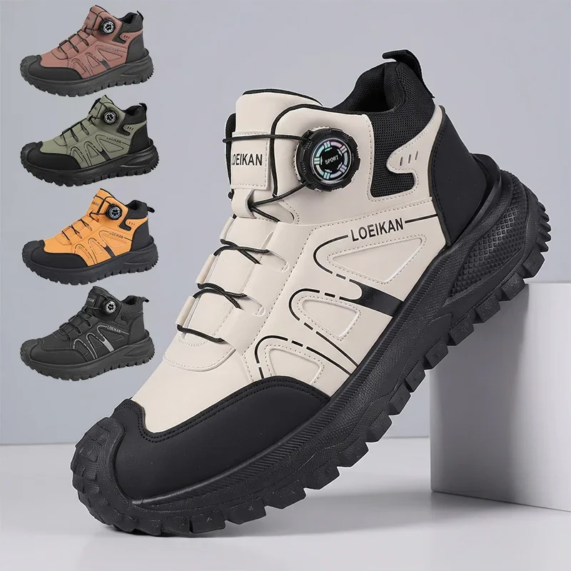 Men's Mid‑top Casual Shoes Rotating Buckle Quick Lace‑up Fashion Sneakers Non‑slip Thick Sole Male Daily Walking Footwear