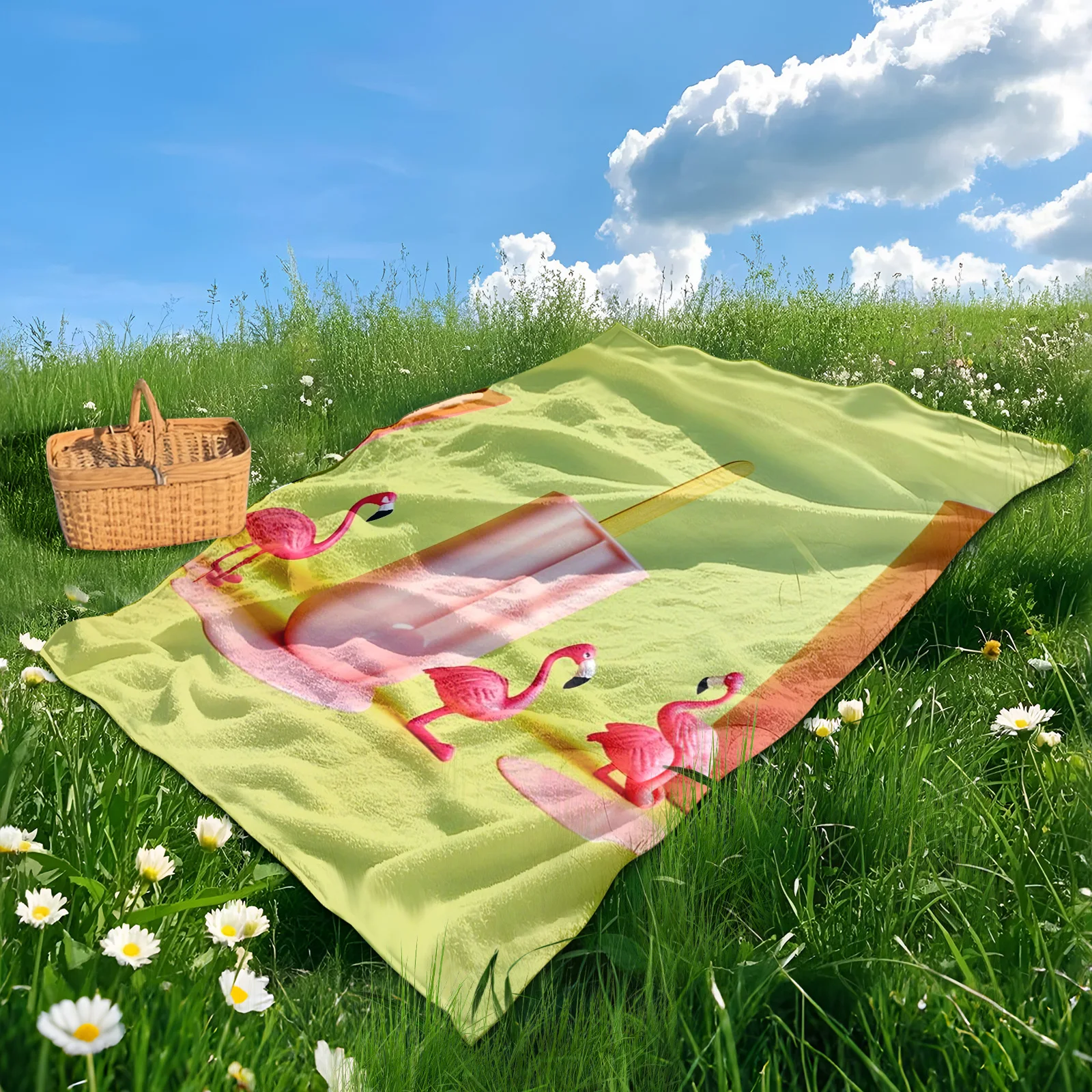 بطانية نزهة فلامنغو الوردية المبتكرة مع تصميم الآيس كريم المذاب للمغامرات الخارجية الأنيقة والاسترخاء
