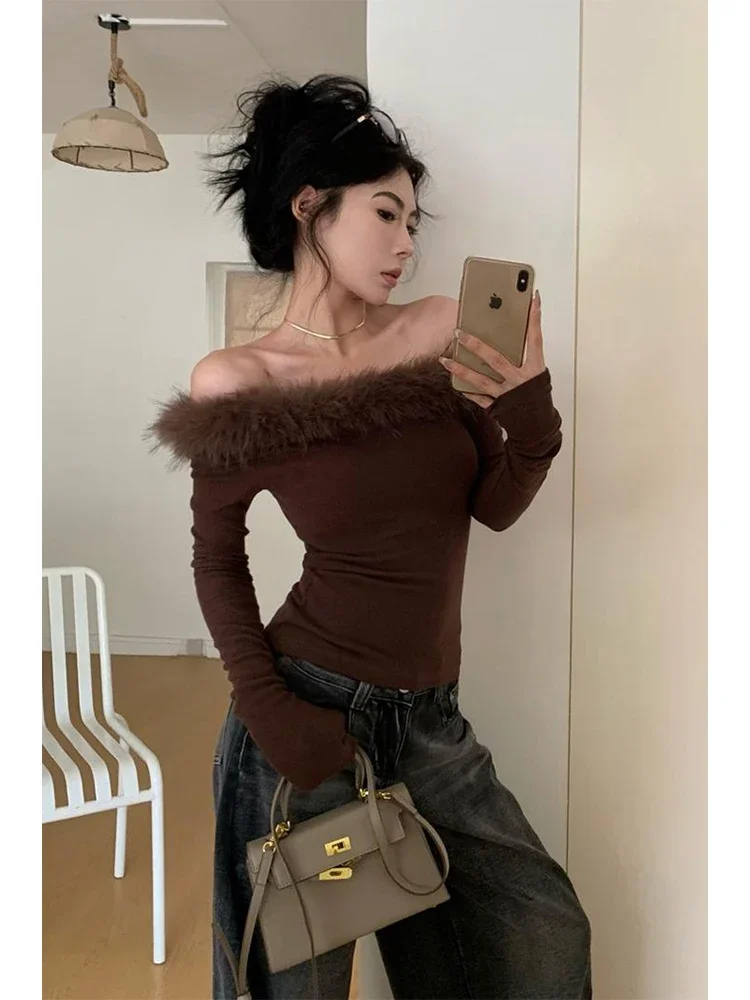 Women's Brown T-shirt Harajuku Korean Y2k Vintage 90s Aesthetic Baby Tee Long Sleeve Slash Neck Slim T-shirts 2000s Clothes 2024