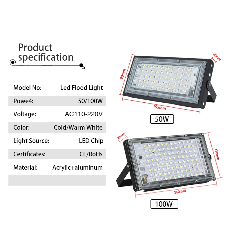 4 pçs/lote conduziu a luz de inundação ac 220v 110v ao ar livre holofote ip65 à prova dip65 água 50w 100 led lâmpada rua iluminação paisagem