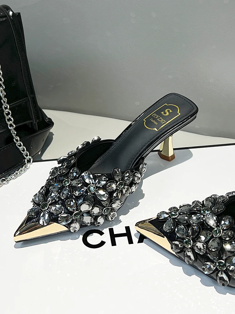 Black Iron Head Rhinestone Half Slip High Heels Women Summer Not Tired Large Size Head Cover Slippers Outdoor Wear Cool Slippers