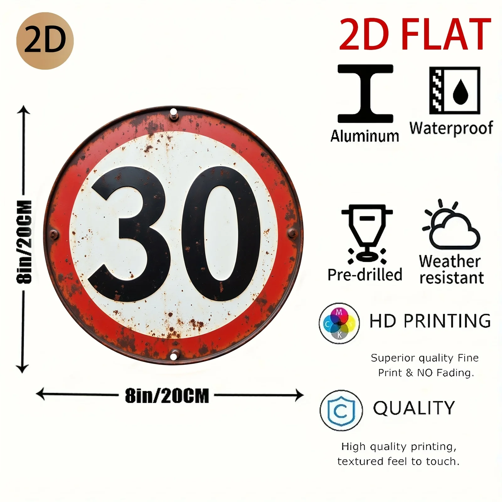 2D plane Rusty circular speed limit 30 sign vintage metal design traffic themed wall art suitable for home garage or for Man c
