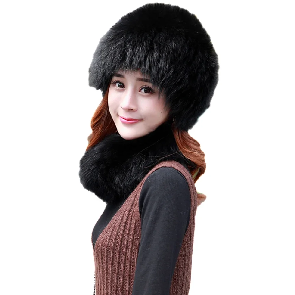 Women Real Fox Fur Scarf Hat Set Female Winter Warm Beanie Cap Neckerchief For Lady Handmade Fluffy Soft