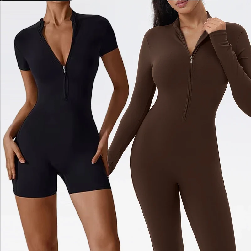 One Piece Sporty Jumpsuits Women Long Sleeve Zipper Fitness Overalls Gym Clothing Sexy Elegant Dance Workout Bodysuit Push Up