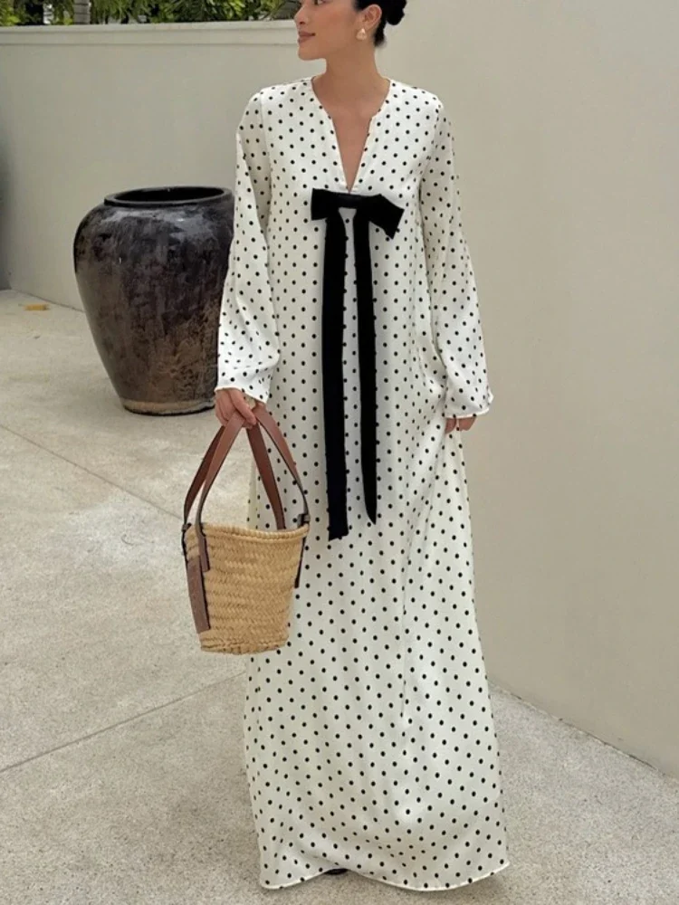 

Elegant Bow V-Neck Floral Polka Dot Maxi Dress For Women Long Sleeves Loose Contrast Party Dress Evening Women Maxi Dress