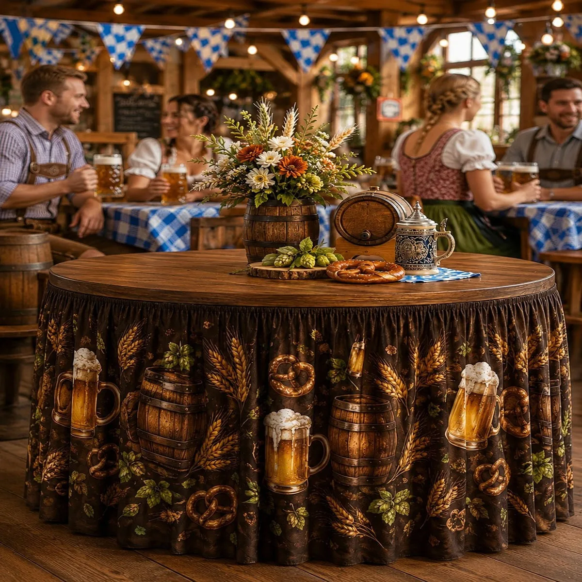 1PC party tablecloth, table skirt, retro beer festival round table skirt, retro dark brown wind round table cloth table skirt,