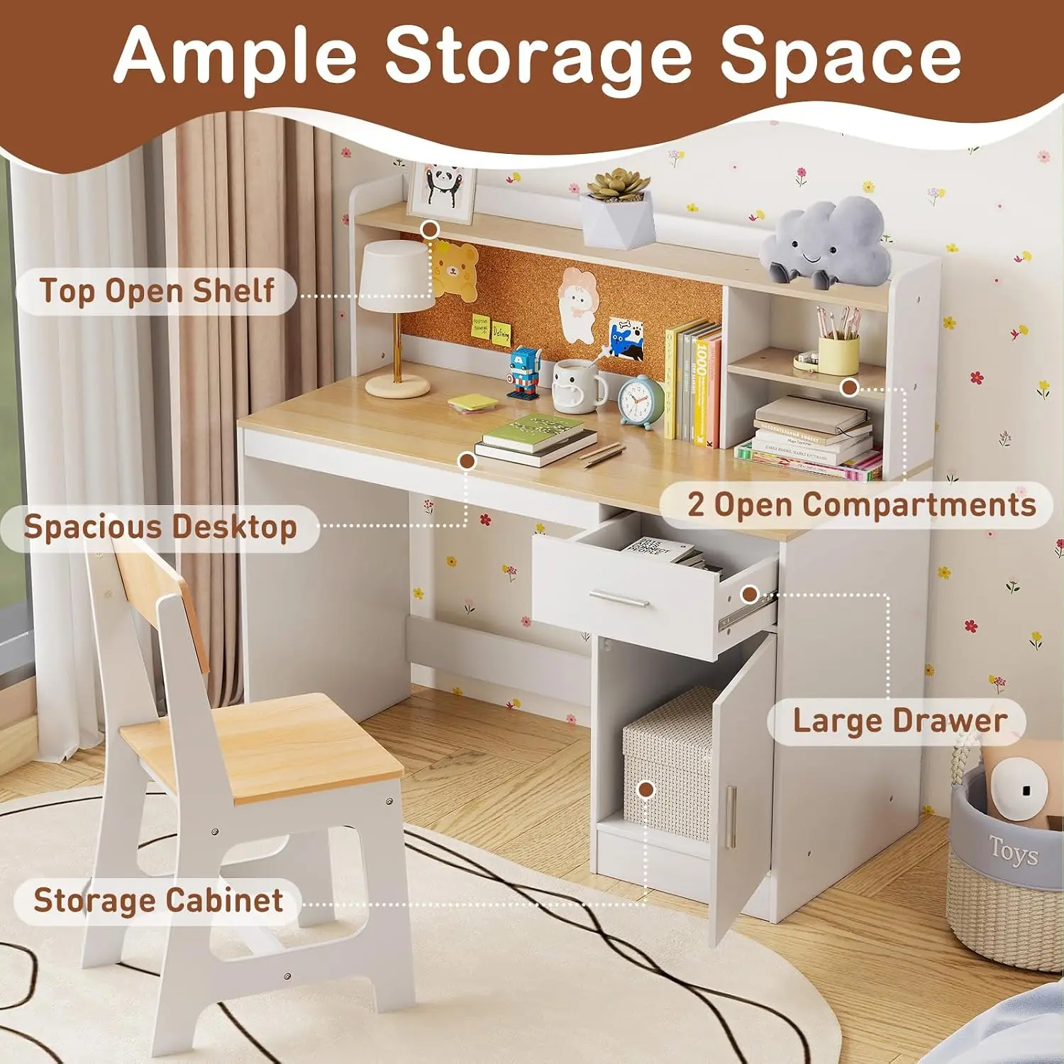 Kids Study Desk & Chair Set Wooden Table w/Drawer Hutch Storage Shelves Student Writing Workstation Bedroom 3+ Years, Customized view 3