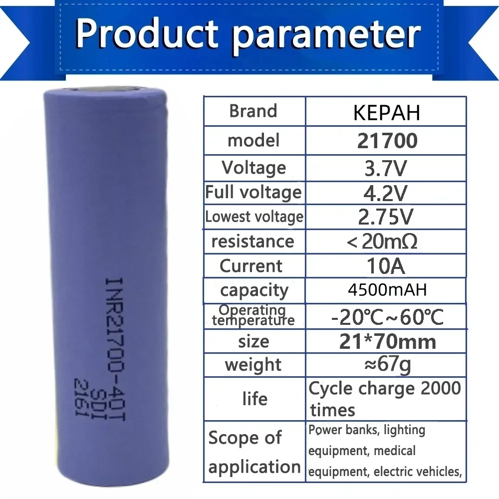 INR21700-40T Bateria Recarregável, 4500mAh, 3.7V, 4000mAh, 50A Poder, Baterias de Alta Descarga Li-ion para Ferramentas Elétricas