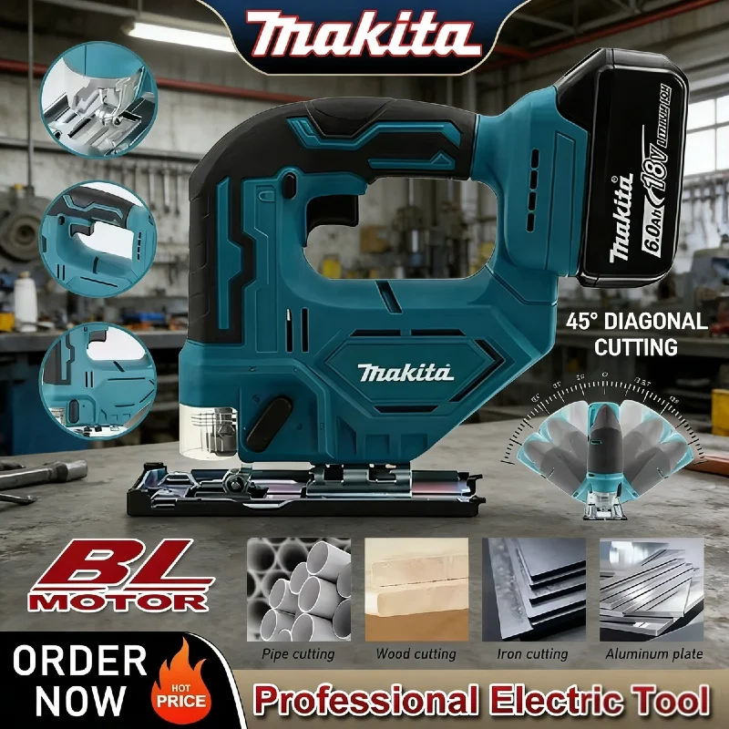 

Аккумуляторный лобзик Makita DJV182: 300 Вт, 0-2700 об/мин, ход 80 мм, ±45° ° Угловая пила для резки дерева, пластика и металла, 18В, аккумуляторная