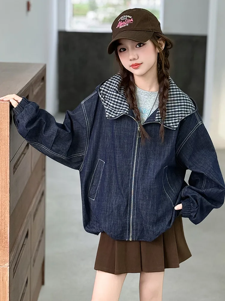 Trendy Plaid Hooded Denim Jacket for Junior Girls Autumn Wear Casual Loose Fit Long Sleeve Zipper Closure Chinese Brand