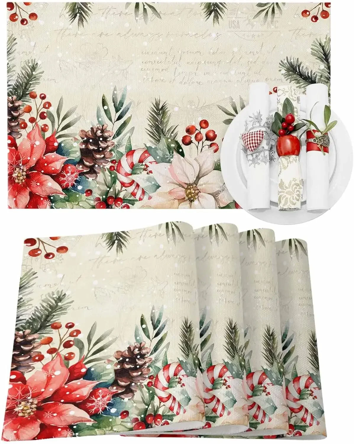 Merry Christmas Poinsettia Berries Placemats table Decor Washable Winter Xmas Pinecone Branches Table Mats Christmas Decorations
