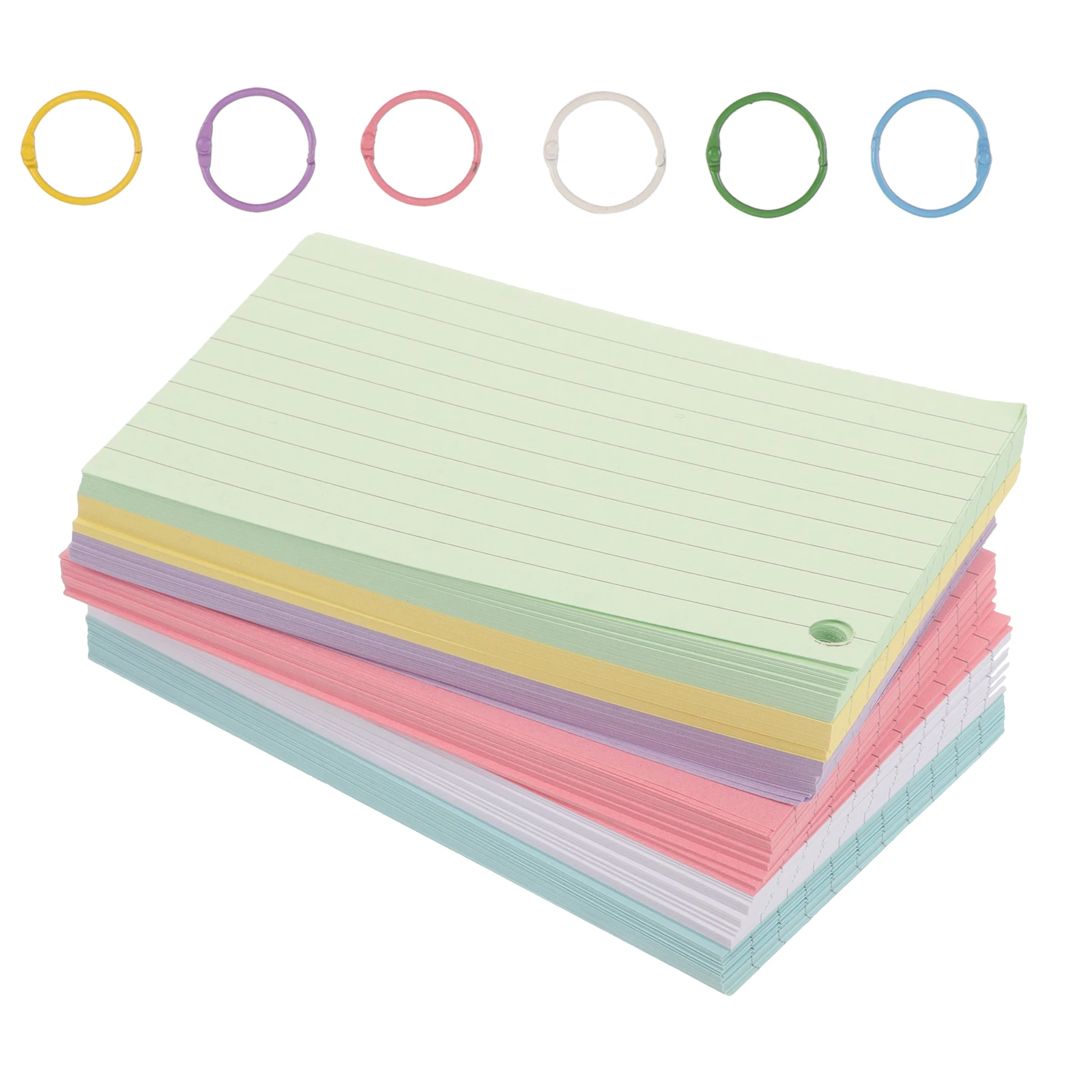1 set 6 Color Hole Punch Index Cards Colored Lined Note Cards With Metal Rings Portable Blank Flashcards Memo Pad Pocket