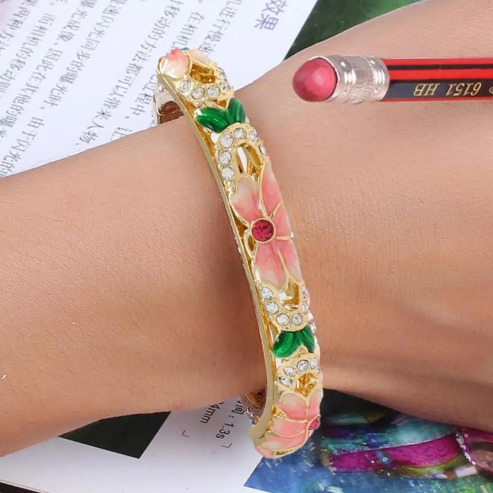 Enamel Chinese Cloisonne Bracelet Double Bangle Traditional Hollow Out Flower Bangle Chinese Vintage Women's Hand Bracelet