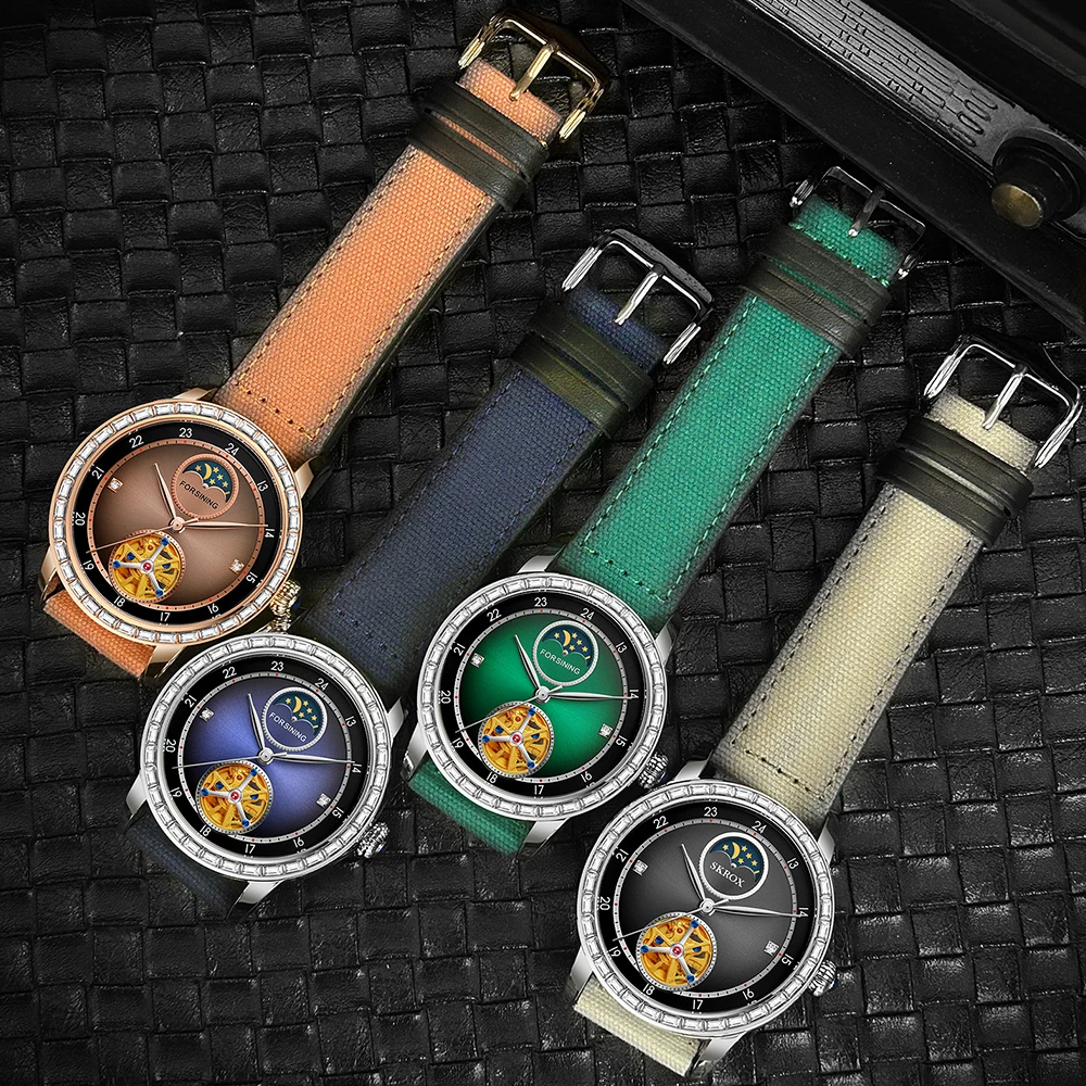 Forsining Men's Luxury Tourbillon Moon Phase Automatic Mechanical Movement Watch Carved Rhinestone Linen Fabric Strap Wristwatch