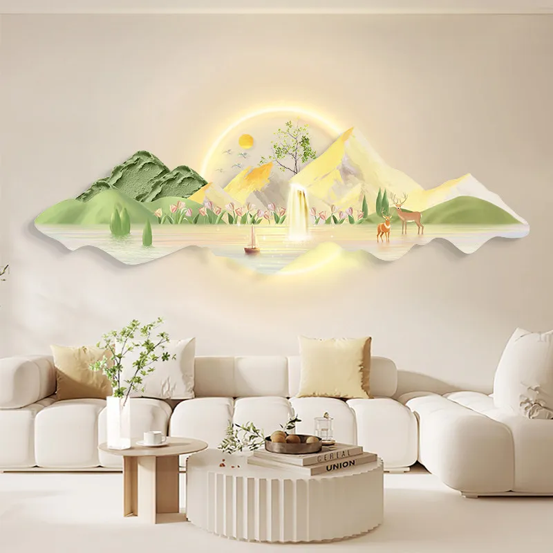 Sunlit Golden Mountain Living Room Decor Modern Minimalist Light Emitting Sofa Background Wall Lamp Hanging Art
