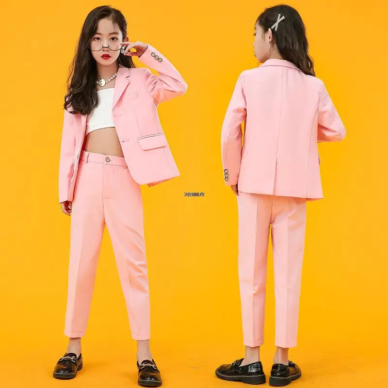 Girls Formal Pink Wedding Suit Kids Jacket Pants 2PCS Party Photograph Set Teenager Child Tuxedo Party Dress Dance Show Costume