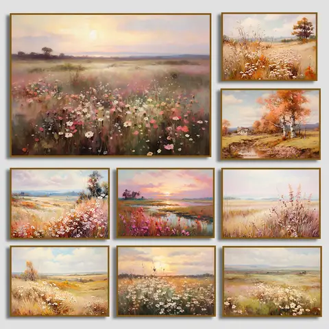 Wildflower Field Landschap Canvas Olieverfschilderij, Vintage Neutrale Landschapskunst Print, Gedempt Land Veld Muur Kunst Home Decor