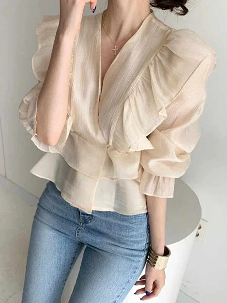 

New Women Retro Hong Kong Style Ruffled Collar Shirt Summer Fashion Waistband Long Sleeved Chic Women's V-neck Chiffon Shirt Top