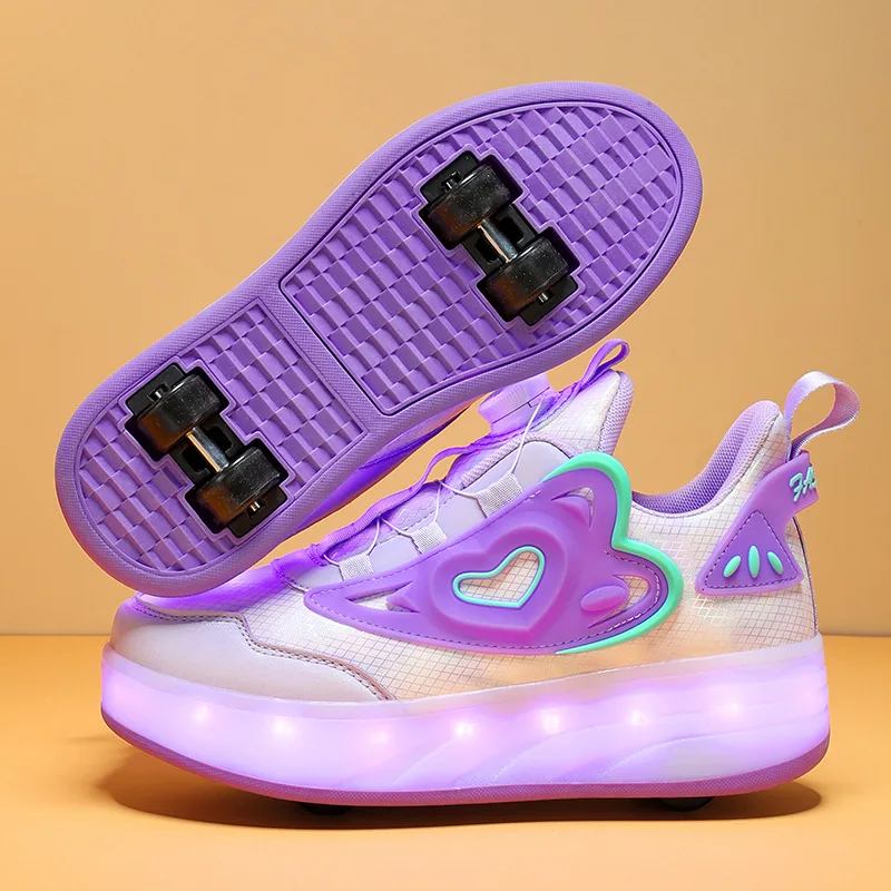 New Children Four Wheels LED Flashing Shoe Child Skid-Resistant Roller Skates Kids Sneakers Girl's Shoes Pink Purple Size 29-38