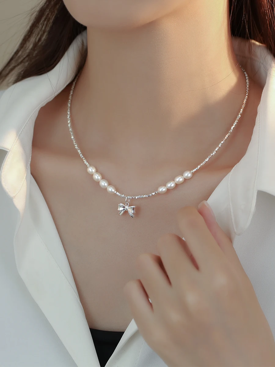 

Dawn's Jewel Bow Pendant Natural Pearl Necklace For Women S925 Silver Broken Collarbone Chain necklace