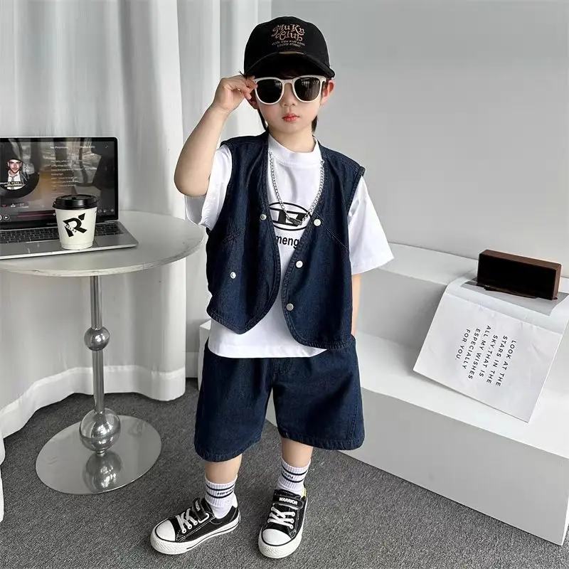 

Summer Fashion Baby Boys Jean Blue Vest waistcoat+Base Tshirt+Shorts 3pcs Children Set Casual Streetwear Handsome Denim Suits