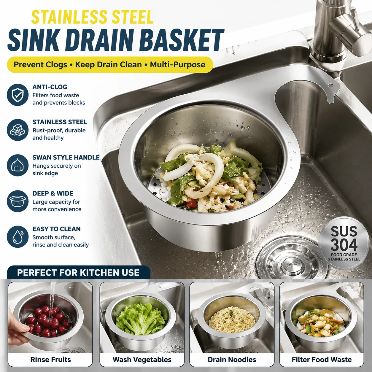 Stainless Steel Sink Drain Basket Anti Clog Strainer Kitchen Food Waste Filter Washing Fruits Vegetables Drain Basket for Home K