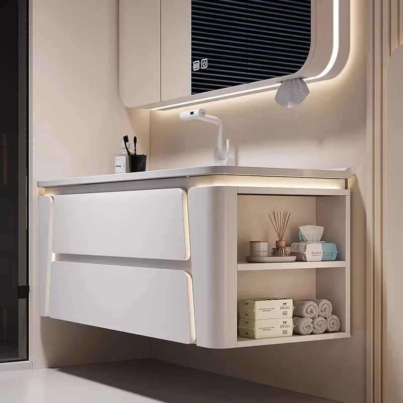 Minimalist Modern Bathroom Vanity Wooden Bathroom Cabinet Wall-Mounted Mirror Included For Apartment Hotel