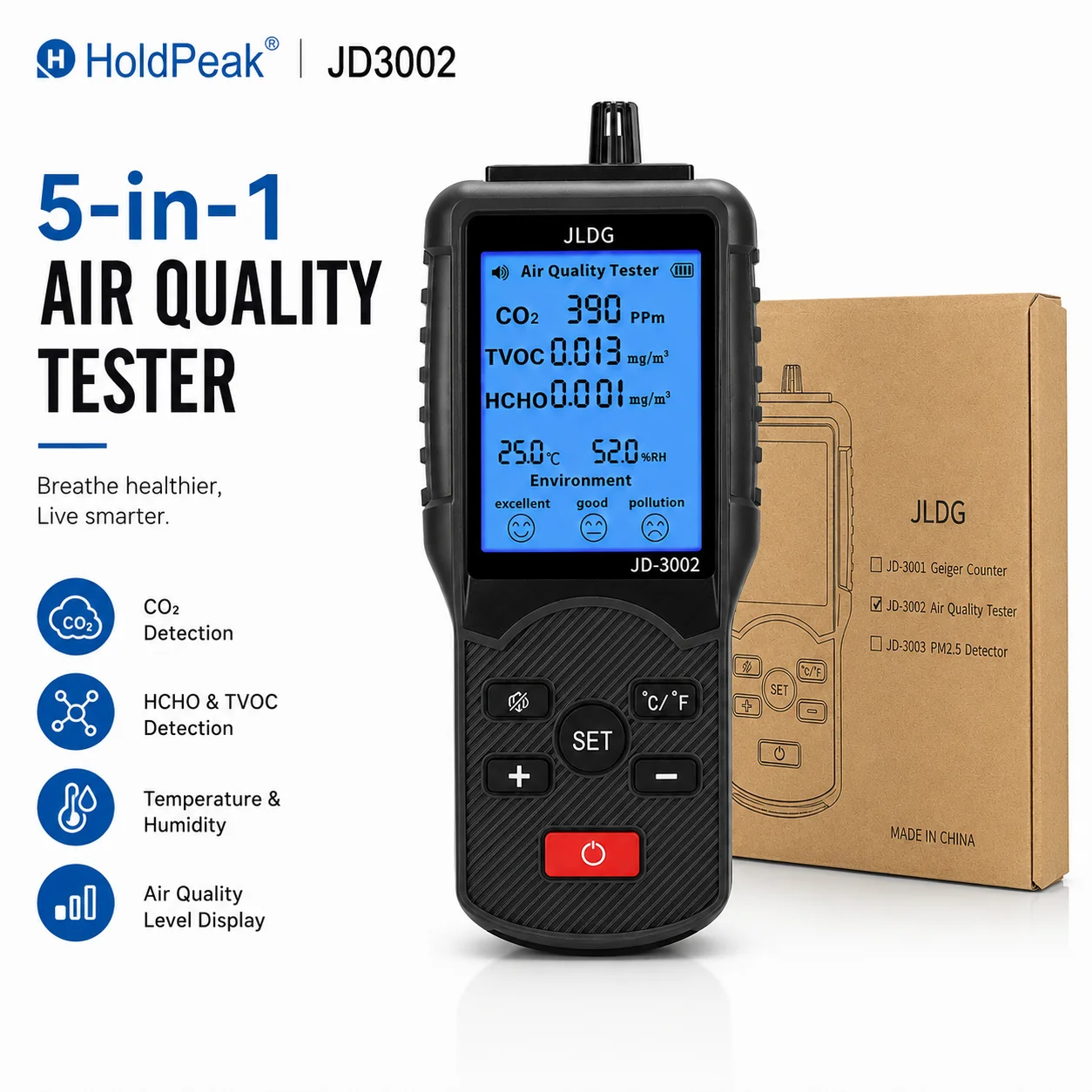 5-in-1 Air Quality Monitor, CO2 VOC Formaldehyde Detector with Temperature Humidity, Real-Time Tester for Home/Office