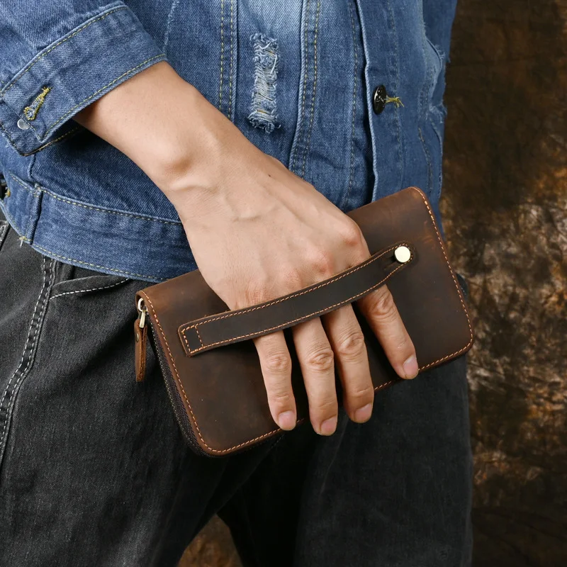 LD240 Genuine Leather Men\'s Clutch Bag Business Clutch Wallet Crazy Horse Wrist Money Bags Purse Wallets Cigarette Card Holder