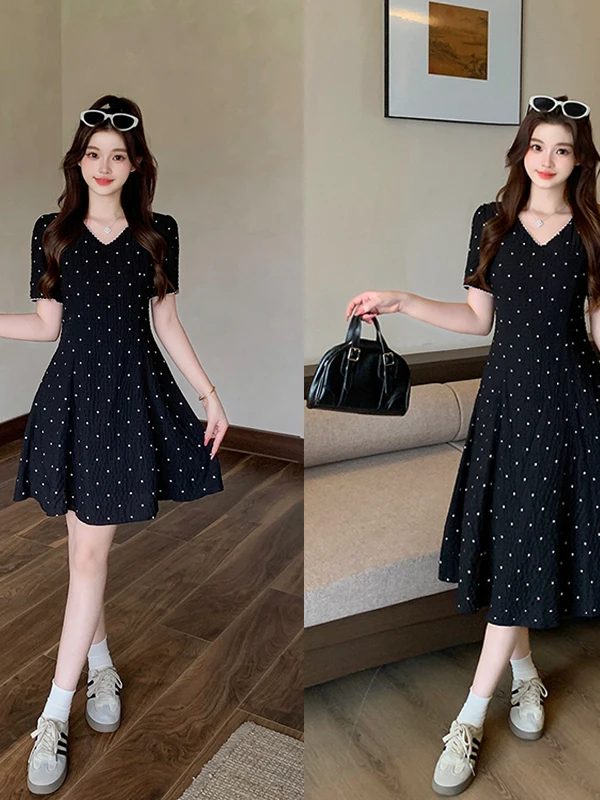 

Slimming V-Neck Midi Maxi A-Line Dresses for plus Size Women Summer Breathable Comfortable Casual French Style Short Sleeve