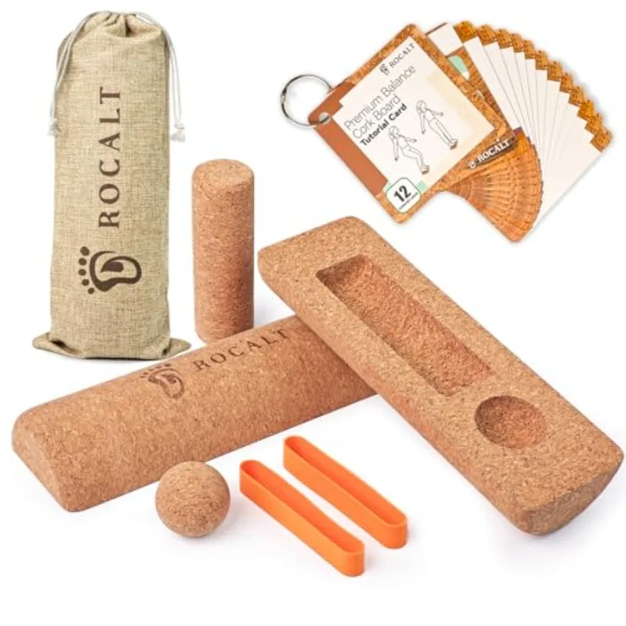 

Rocalt Cork Balance Board Premium Cork 4-in-1 Foot Ankle Strengthener Kit with Massage Roller Ball Toe Resistance Bands Storage