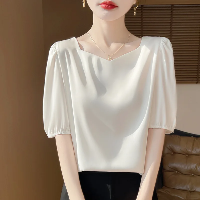 2026 Spring and Summer New Satin Shirt Short-sleeved Top Women's White Drape Pullover Shirt Low Neck White Shirt