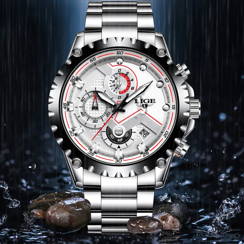 LIGE Fashion Mens Watches Top Luxury Brand Full Stainless Steel Waterproof Quartz Watch Men Chronograph Clock Relogio Masculino