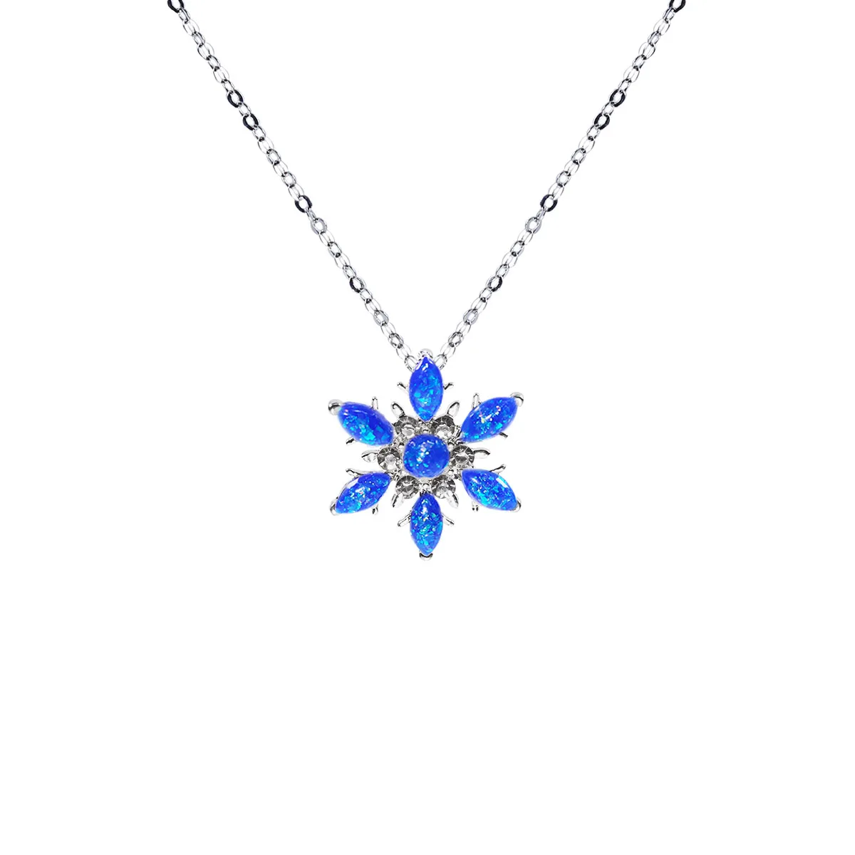 White Created Opal Snowflake Necklace Silver Snow Flower Christmas Jewelry for Women Winter Gift