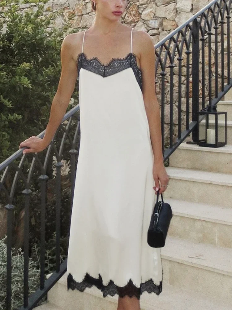 2025年 Vネック レース キャミソールワンピース レディース パッチワーク ノースリーブ ルーズ 通勤 2025年新作 ストレートワンピース レディース マキシワンピース