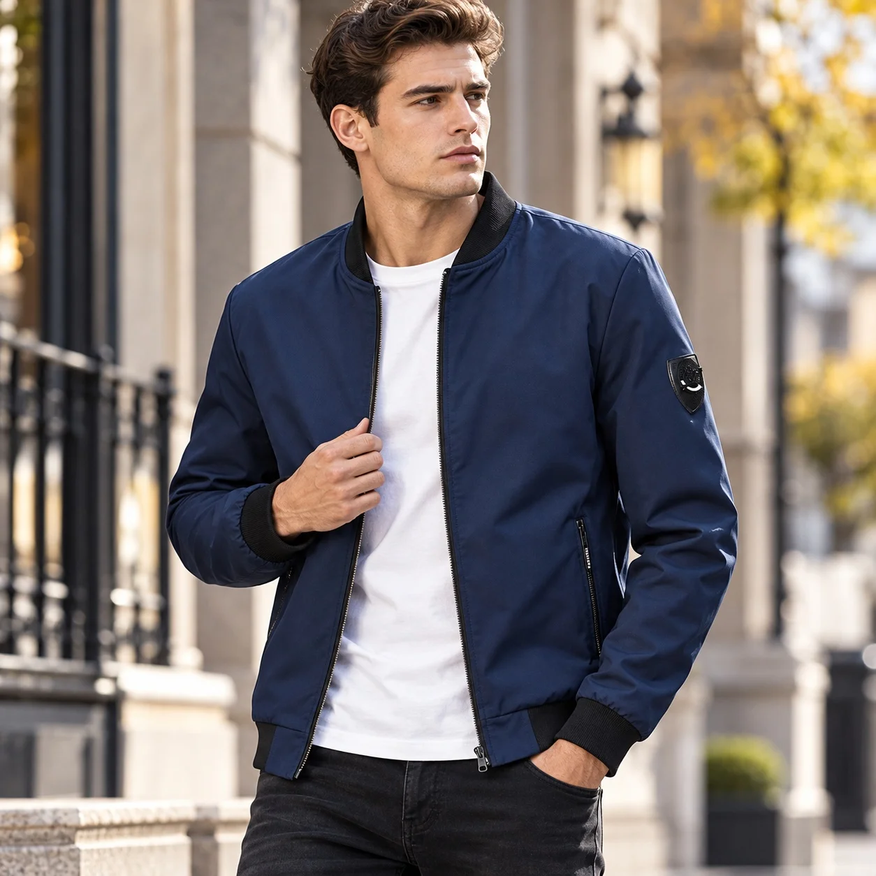 Long Sleeves Coat No Hood Regular Length with Multiple Pockets Slim Fit Autumn Zipper Closure Spring Stand Collar Men Jacket