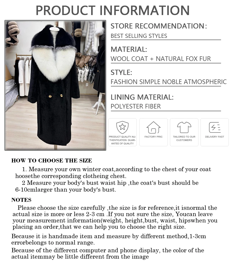 Wool Long Coat Women Luxury High Quality Real Cashmere Coat With Natural Fox Fur Trim Black Winter Warm Wool Blends Coat