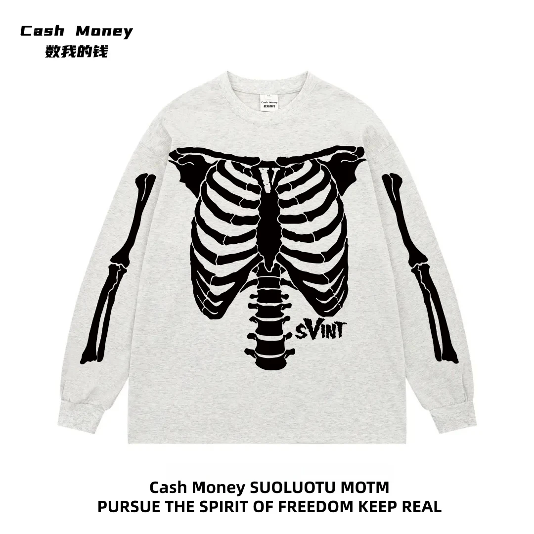 

American Vintage Skull Print Round Neck High Street Long-sleeved T-shirt Spring Autumn New All Match Undershirt Graphic T Shirts