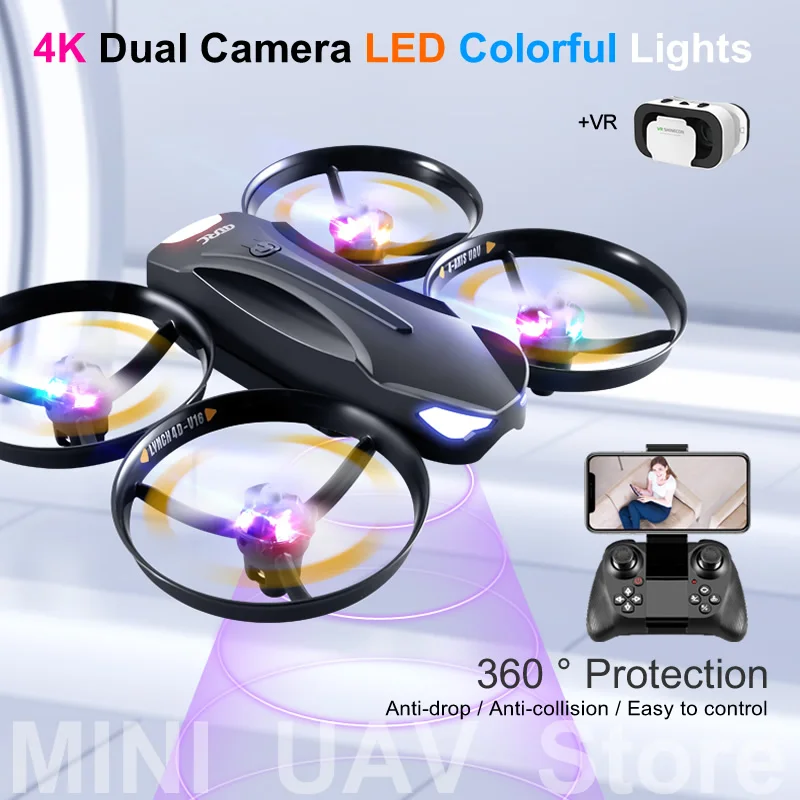 V16 Easy Fly Mini UAV Drone VR 4K Dual Camera Colorful LED Lights RC Helicopters Toy Long Range 360° Full Protection Free Return