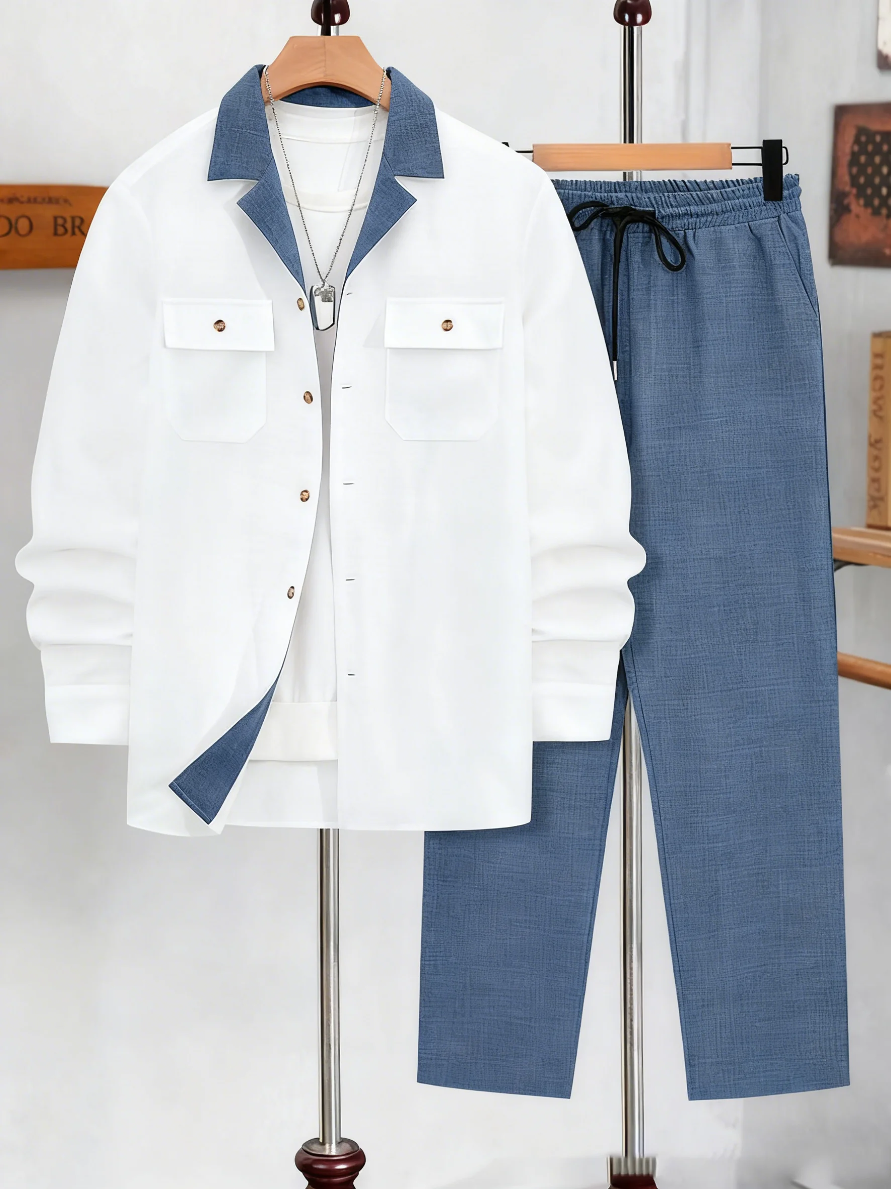 

Men's Solid Button Front Longsleeves Shirt & Drawstring Waist Pants Set, Regular Fit Long Sleeve Lapel Neckline Top & Pocket Tro