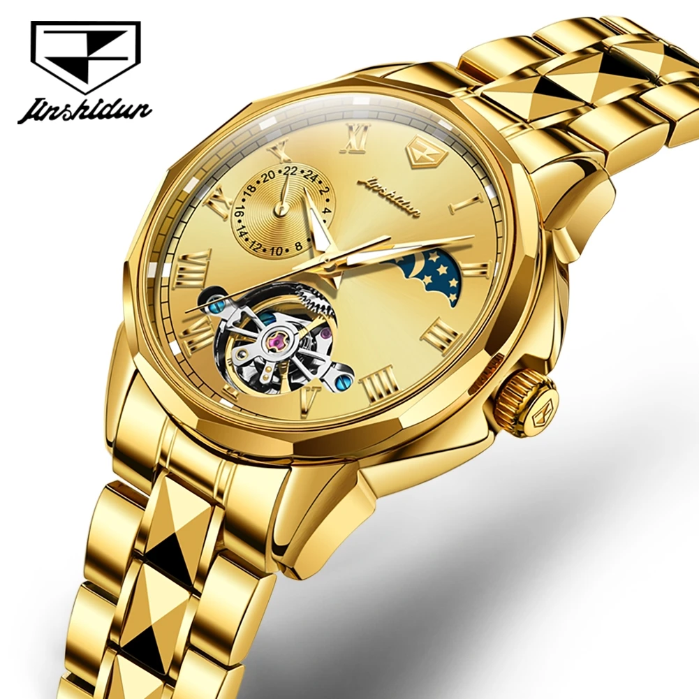 

JSDUN Women's Watches Moon Phase Skeleton Flywheel Luxury Elegant Roman Numeral Scale Automatic Mechanical Watch for Women 8937